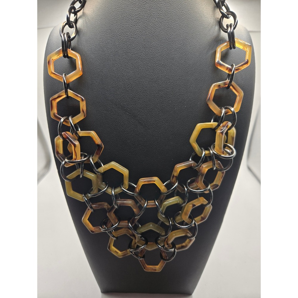 Lia Sophia Tortoise Shell Hexagon Bib Necklace Gunmetal Tone Statement Jewelry